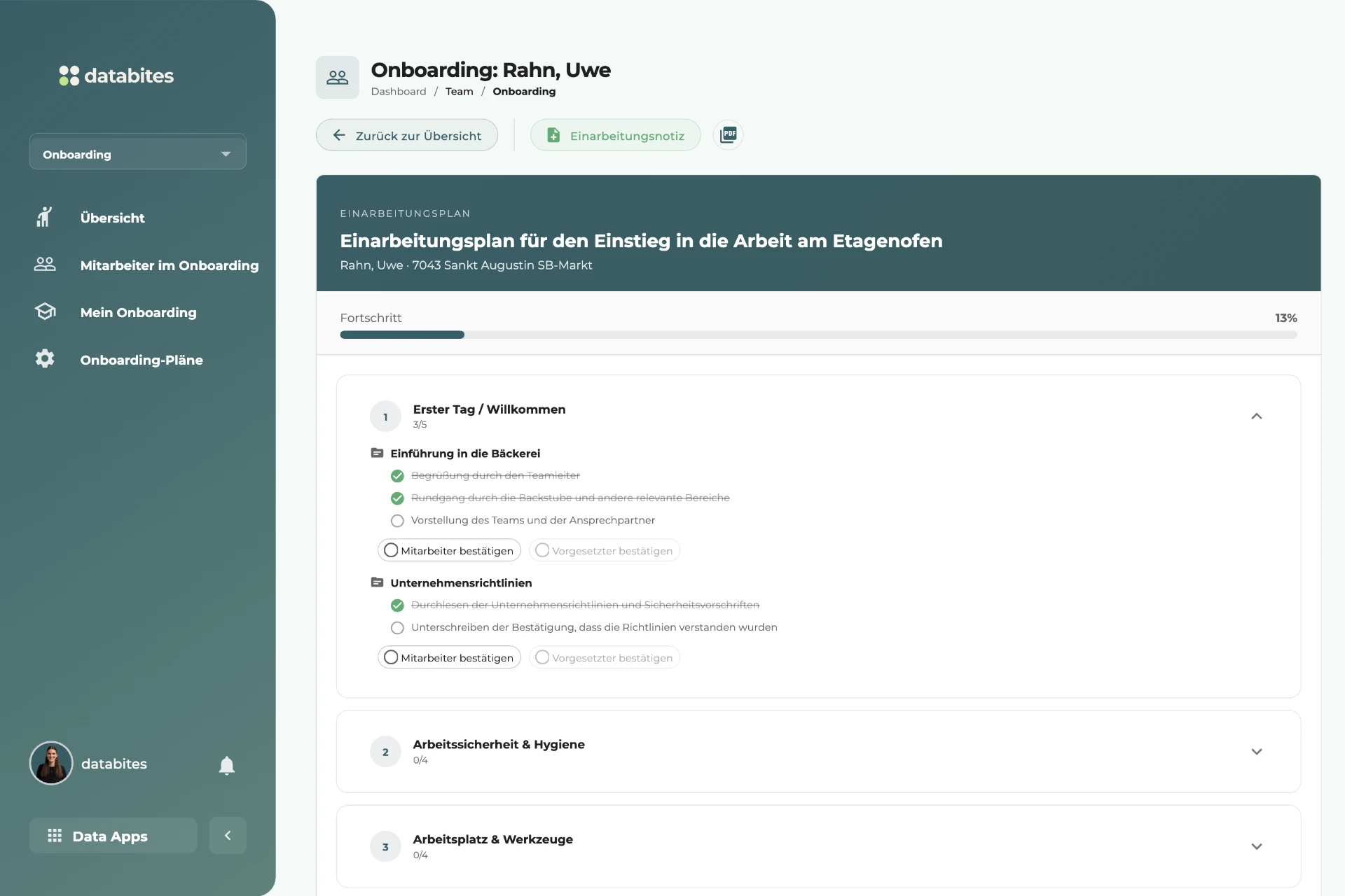 databites Onboarding mit Einarbeitungsplan, Fortschrittsanzeige und Bestätigungen durch Mitarbeitende und Vorgesetzte