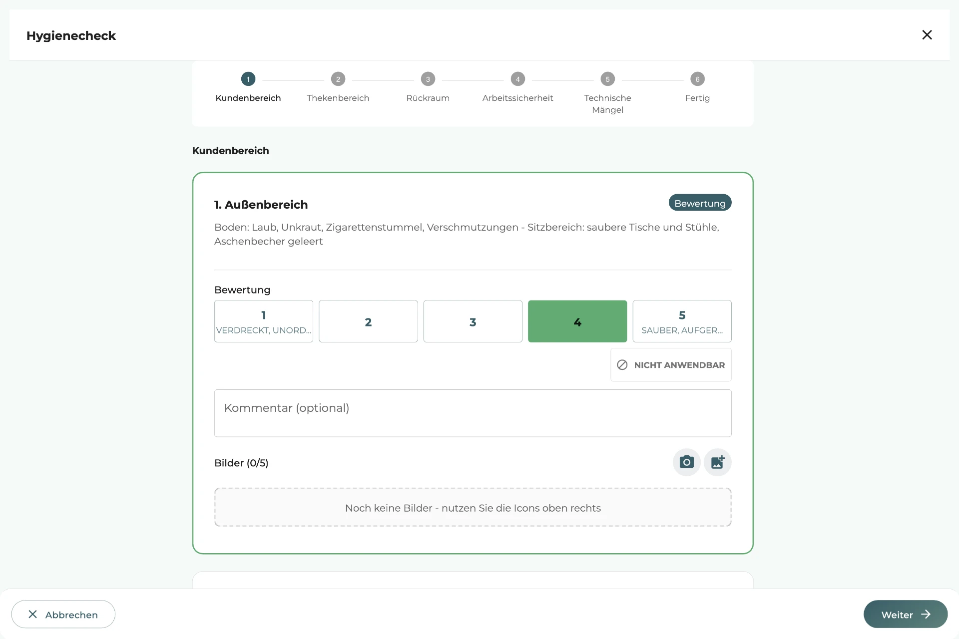 databites Filialcheck mit Hygienecheck: Bewertungsskala, Kommentarfeld und Bild-Upload je Bereich